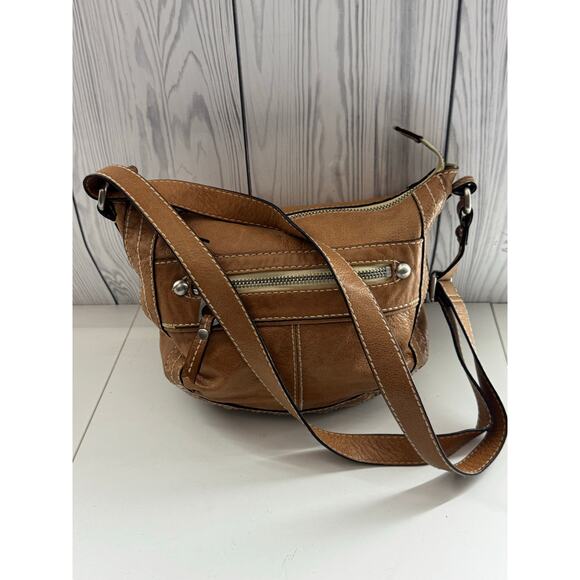 Y2K Vintage Fossil Brown Soft Glove Leather Zip Up Shoulder Bag Bucket Hobo - Picture 1 of 8